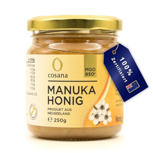 Cosana Manuka Honig 850 MGO + 250g – 100% Pur im Glas - Abgefüllt, versiegelt und zertifiziert in Neuseeland von Cosana