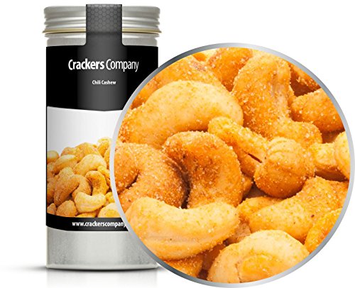 4 x 80g Cashewnüsse geröstet gesalzen mit Chili mittelscharf 18 % Protein vegetarisch vegan laktosefrei glutenfrei von Crackerscompany