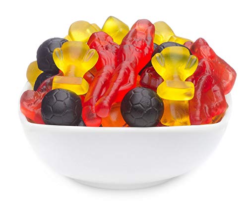 1 x 3kg Fruchtgummi Fußball Fußballmischung mit Spieler Ball und Pokal rot schwarz gelb für WM und EM Partys glutenfrei laktosefrei von Crackerscompany