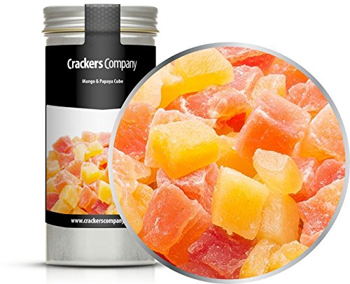 4 x 90g Mango & Papaya gehackt gewürfelt kandiert für Joghurt Quark Müsli sehr fettarm salzfrei vegetarisch vegan glutenfrei laktosefrei 100 % Premium von Crackerscompany