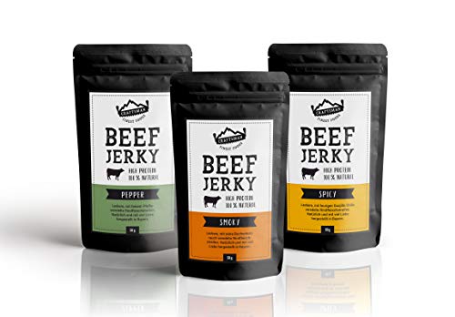 Craftsman Beef Jerky | Set 3 x 50 g = 150 g Probierpack | Aus Deutschland - Bayern | High Protein 68% | Biltong Trockenfleisch Mix | 100% Natürlich | Ohne Zucker | Pfeffer | Smoky | Chili von CRAFTSMAN FINEST FOODS