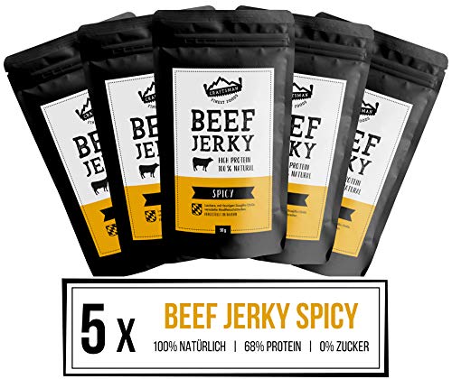 Craftsman Beef Jerky Spicy | Aus Deutschland - Bayern | Set 5 x 50g = 250g | 100% Rind | High Protein 68% | Biltong Trockenfleisch Chili | 100% Natürlich | Ohne Zucker von CRAFTSMAN FINEST FOODS
