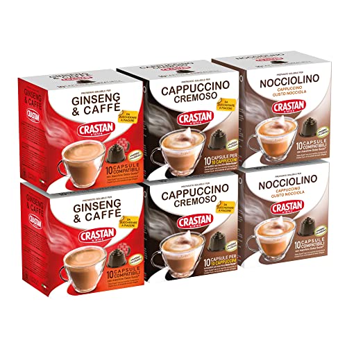 CRASTAN 1870, Mix 60 Dolce Gusto Mix-Kapseln, 20 Ginseng- und Kaffee-Kapseln, 20 Haselnuss-Kapseln, 20 Cappuccino-Kapseln, glutenfrei, 100% Made in Italy von Crastan 1870