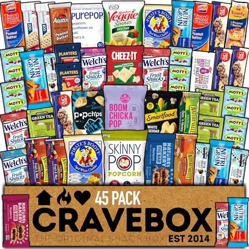 CraveBox Snackpaket mit einer Auswahl an Müsliriegeln, Popcorn, vegetarischen Pommes frites, Kaubonbons von CraveBox