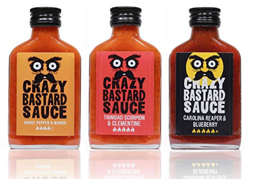 Crazy B Sauce - 3er Set - Extreme Scharfe Chilisauce mit der Schärfste Chilis der Welt - Ghost Pepper, Trinidad Scorpion, und Carolina Reaper - Geschenkset für Chili-liebhaber von Crazy Bastard