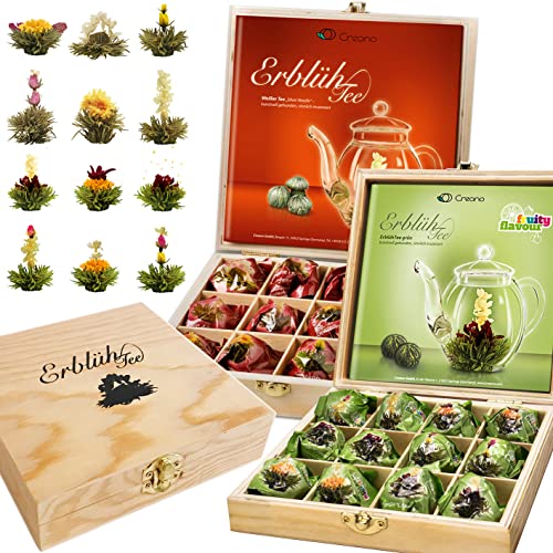 Creano 2er Set Teeblumen Holzpräsentboxen ErblühTee Grüner Tee "Fruity Flavor" + Weißer Tee von Creano