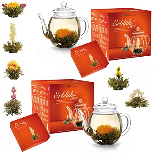 Creano 2x Teeblumen Geschenkset - Erblühtee Frühjahrslese mit 2x 500ml Glaskanne & 12x Weißer Tee - Sparpreis-Set von Creano