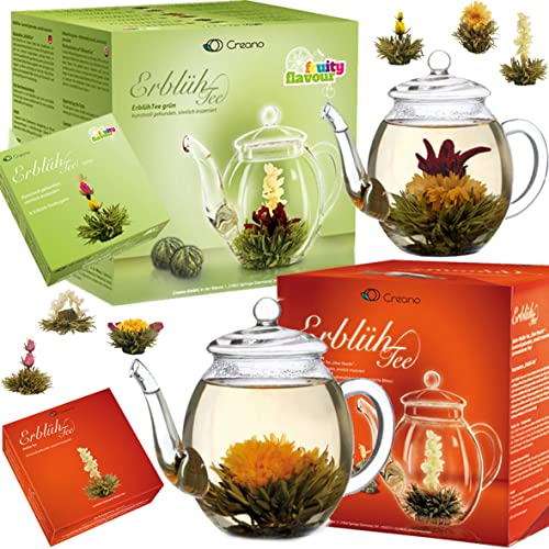 Creano 2x Teeblumen Geschenkset - Erblühtee mit 2x 500ml Glaskanne & 6x grüner Tee & 6x weißer Tee - Sparpreis-Set von Creano