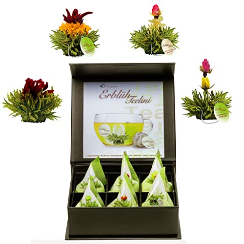 Creano 6 Teeblumen Geschenkbox grüner Tee in edler Magnetbox mit Silberprägung - 4 verschiedene Sorten von Creano