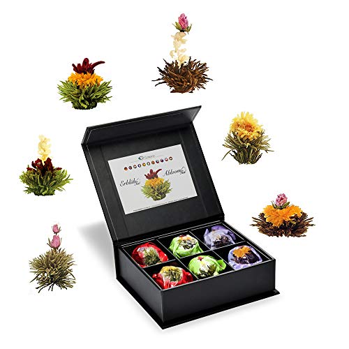 Creano 6 Teeblumen Geschenkbox weißer, schwarzer & grüner Tee in edler Magnetbox mit Silberprägung - 6 verschiedene Sorten - Geschenk zu Weihnachten von Creano