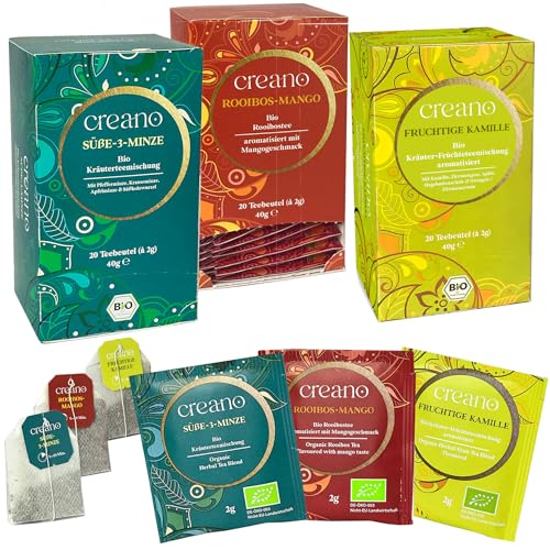 Creano Bio-Kräutertee Set „Herbal Mix“, fruchtig, frisch & süß mit den Bio-Tee-Sorten Fruchtige Kamille, Süße-3-Minze, Rooibos-Mango, 3 x 20 Teebeutel* Creano Bio-Kräutertee Set „Herbal Mix“, fruchtig, frisch & süß mit den Bio-Tee-Sorten Fruchtige Kamille, Süße-3-Minze, Rooibos-Mango, 3 x 20 Teebeutel* von Creano