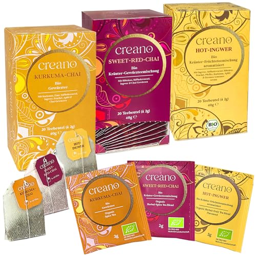 Creano Bio Kräutertee Set „Spicy“, würzig und belebend mit den Bio Tee Sorten Kurkuma-Chai, Sweet-Red-Chai und Hot-Ingwer, 3 x 20 Teebeutel* von Creano