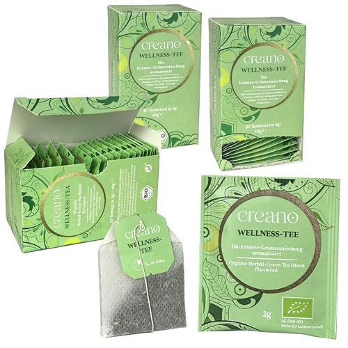 Creano Bio Tee WELLNESS-TEE, Kräuter-Grünteemischung, BIO Teebeutel-Tee 3er Pack (3x 20 Beutel) von Creano