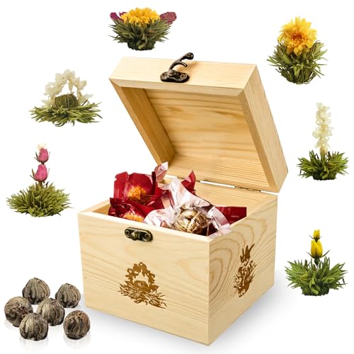 Creano ErblühTee Holz-Dekobox, Teeblumen Mix Geschenkset mit 6 Teerosen, Weißer Tee in edler Teekiste von Creano
