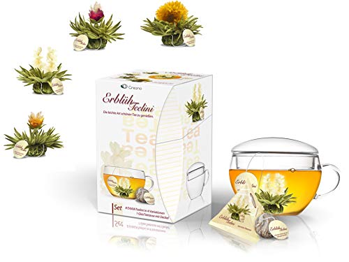 Creano ErblühTeelini Teeblumen Geschenkset mit Teeglas und 8 Teeblumen im Tassenformat, Weißer Tee, Geschenk zu Weihnachten von Creano