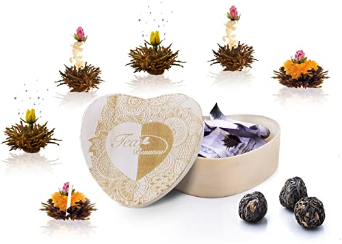 Creano Erblühtee 6 Teeblumen Geschenkset schwarzer Tee in Holzschachtel in Herzform von Creano