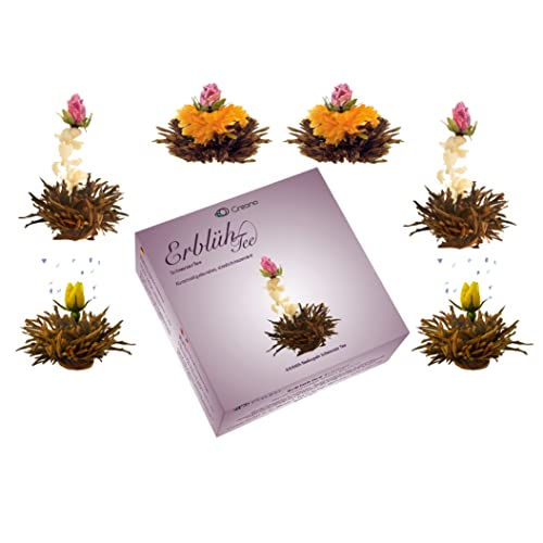 Creano 6 Teeblumen Erblühtee in edler Geschenkbox zum Probieren - Schwarztee (3 verschiedene Sorten Teerosen) von Creano