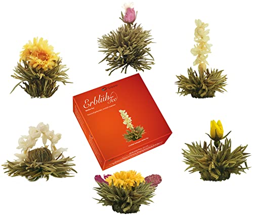 Creano Teeblumen Mix – „ErblühTee“ in edler Geschenkbox zum Probieren | Weißtee (6 verschiedene Sorten Teerosen) Geschenk für Frauen, Mutter, Teeliebhaber von Creano
