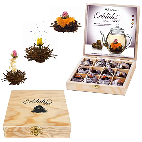 Creano Teeblumen Geschenkset in Holz-Präsentbox Schwarzer Tee 12 Erblühtee in 3 Sorten von Creano