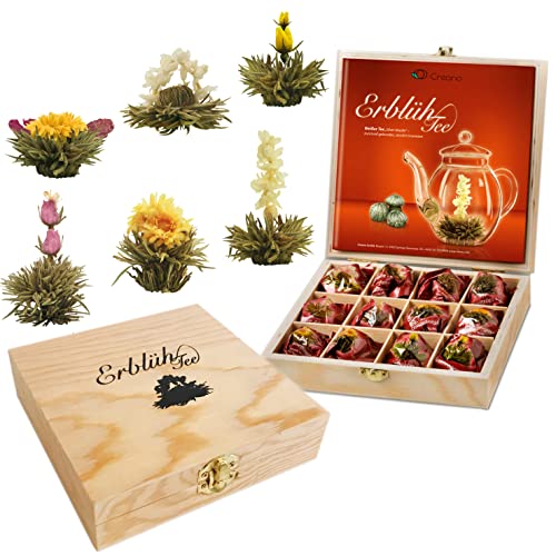 Creano Teeblumen Geschenkset in Teekiste aus Holz, 12 Erblühtee in 6 Sorten Weißtee, Geschenk für Frauen, Mutter, Teeliebhaber von Creano