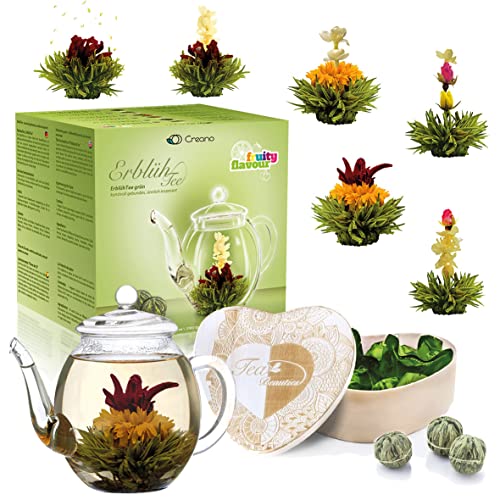 Creano Geschenkset Erblühtee Teeblumen Mix in Holzschachtel in Herzform - 6 Sorten Grüner Tee inkl. Glas Teekanne 500ml, Geschenk für Frauen, Mutter, Teeliebhaber von Creano