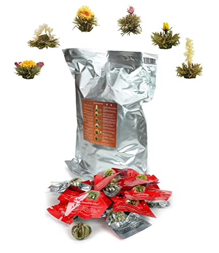 Creano Teeblumen 36 Teekugeln weißer Tee Großpackung, Erblühtee im Bulkpack, Teerosen, Blooming Tea, Flowering Tea von Creano