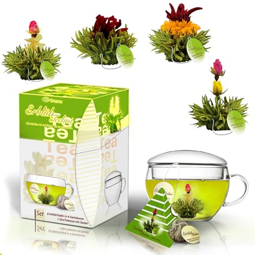 Creano Teeblumen Geschenkset ErblühTeelini - Grüner Tee - mit Teeglas und 8 Teeblumen im Tassenformat - Geschenk zu Weihnachten von Creano