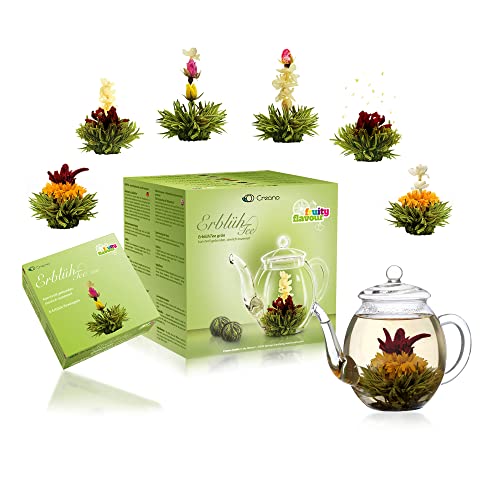 Creano Teeblumen Geschenkset Erblühtee mit Glaskanne Grüner Tee fruchtig aromatisiert (Teerosen in 6 Sorten), Blooming Tea, Tee Geschenk für Frauen, Mutter, Teeliebhaber, Geschenk zu Weihnachten von Creano