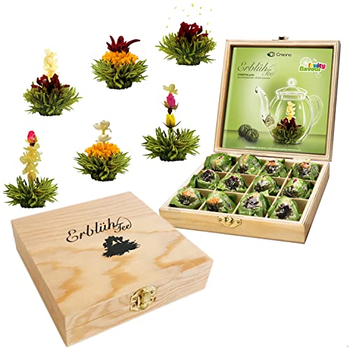 Creano Teeblumen Geschenkset in Teekiste aus Holz, 12 Erblühtee in 6 Sorten grüner Tee fruchtig aromatisiert, Fruity Flavor, Teerosen Tee Geschenk für Frauen von Creano
