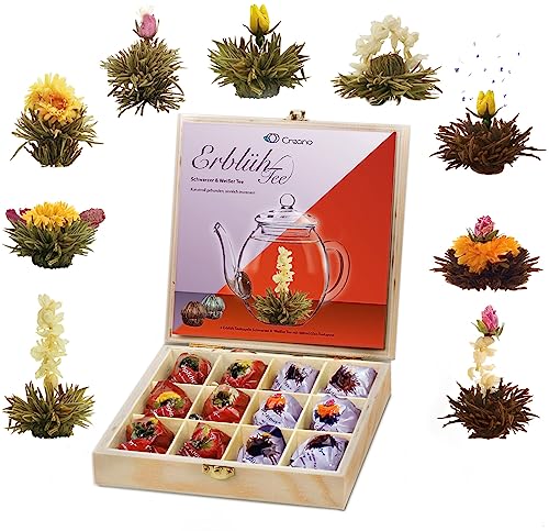 Creano Teeblumen Geschenkset in Teekiste aus Holz 12 Erblühtee in 9 Sorten Weißtee & Schwarztee, Geschenk für Frauen, Mutter, Teeliebhaber von Creano