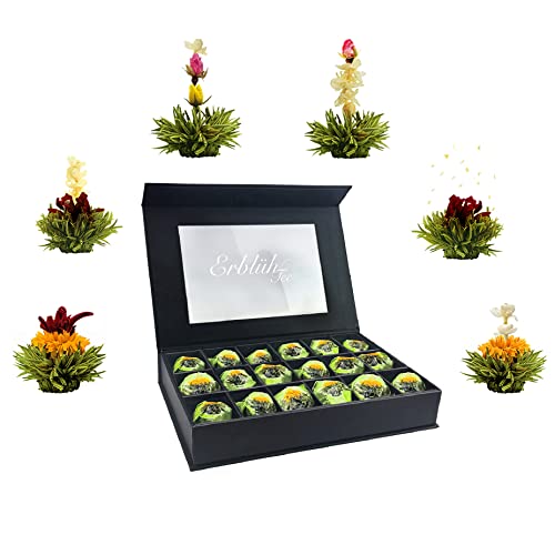 Creano 18er Teeblumen Geschenkset ErblühTee - Grüner Tee - in edler Magnetbox mit Sichtfenster & Silberprägung von Creano