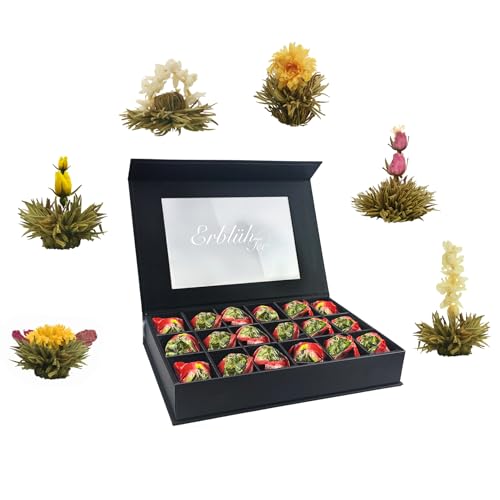 Creano 18er Teeblumen Geschenkset ErblühTee - Weißer Tee - in edler Magnetbox mit Sichtfenster & Silberprägung von Creano