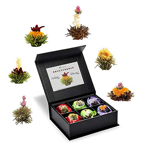 Creano 6 Teeblumen Geschenkbox weißer, schwarzer & grüner Tee in edler Magnetbox mit Silberprägung - 6 verschiedene Sorten - Geschenk zu Weihnachten von Creano