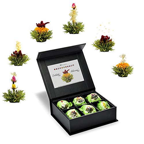 Creano 6 Teeblumen Geschenkbox grüner Tee in edler Magnetbox mit Silberprägung - 6 verschiedene Sorten - Geschenk zu Weihnachten von Creano