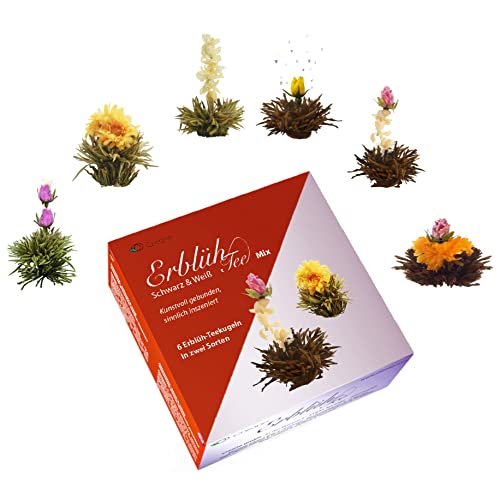 Creano Teeblumen Mix – Erblühtee in edler Geschenkbox - Weißer & Schwarzer Tee (6 Verschiedene Sorten Teerosen) Geschenk für Frauen, Mutter, Teeliebhaber von Creano