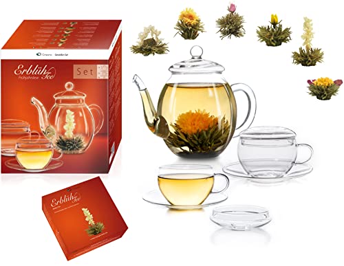 Creano Teeblumen Mix – Geschenkset Erblühtee Genießerset mit Glaskanne und Teetassen Weißtee (6 verschiedene Sorten) von Creano