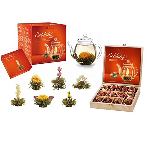 Creano Teeblumen Mix - Geschenkset ErblühTee mit Glaskanne & 6 Teeblumen + 12 Teerosen in Teekiste aus Holz in 6 Sorten - Weißtee von Creano