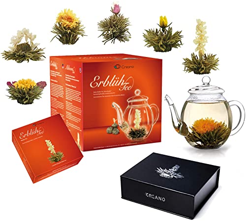 Creano Teeblumen Mix - Geschenkset"ErblühTee" mit Glaskanne & 6 Teekugeln Weißtee +Magnetbox mit 6 Teeblumen weißer Tee, insgesamt 12 ErblühTee in 6 verschiedene Sorten von Creano
