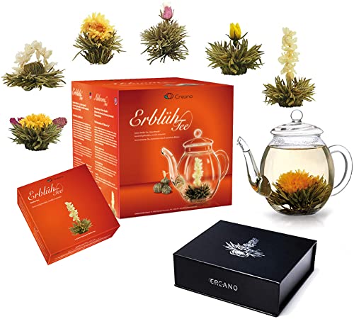 Creano Teeblumen Mix - Geschenkset"ErblühTee" mit Glaskanne & 6 Teekugeln Weißtee +Magnetbox mit 6 Teeblumen weißer Tee, insgesamt 12 ErblühTee in 6 verschiedene Sorten von Creano