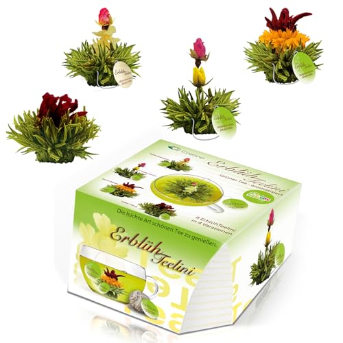 Creano Teeblumen Variation im exklusiven Tassenformat "ErblühTeelini" - 8 Teeblüten in 4 verschiedenen Sorten (Grüner Tee) von Creano