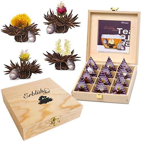 Creano Teelini Teeblumen im Tassenformat, Geschenkset in Teekiste aus Holz, 12 ErblühTeelini in 4 Sorten | Schwarzer Tee von Creano