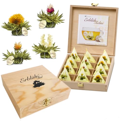 Creano Teelini Teeblumen im Tassenformat, Geschenkset in Teekiste aus Holz, 12 ErblühTeelini in 4 Sorten, Weißer Tee, Geschenk für Frauen, Mutter, Teeliebhaber von Creano