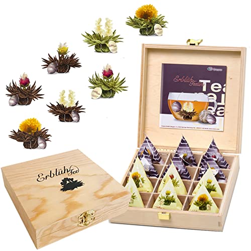Creano Teelini Teeblumen im Tassenformat, Geschenkset in Teekiste aus Holz, 12 Erblühteelini in 8 Sorten - Weißer Tee & Schwarzer Tee von Creano