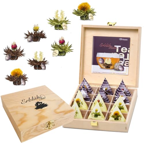 Creano Teelini Teeblumen im Tassenformat, Geschenkset in Teekiste aus Holz, 12 Erblühteelini in 8 Sorten - Weißer Tee & Schwarzer Tee von Creano