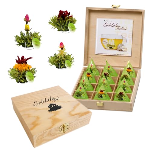 Creano Teelini Teeblumen im Tassenformat, Geschenkset in Teekiste aus Holz, 12 ErblühTeelini in 4 Sorten, Weißer Tee, Geschenk für Frauen, Mutter, Teeliebhaber von Creano