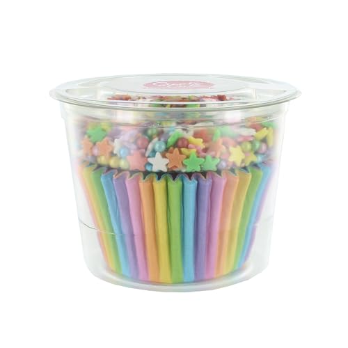 Create A Cake Regenbogen-Cupcake-Streusel, mehrfarbige Backförmchen & Streukapsel, 25 Förmchen und 30 g Streusel, essbares Dekorationsset mit Zuckersternen und Kugeln Create A Cake Regenbogen-Cupcake-Streusel, mehrfarbige Backförmchen & Streukapsel, 25 Förmchen und 30 g Streusel, essbares Dekorationsset mit Zuckersternen und Kugeln von Create A Cake