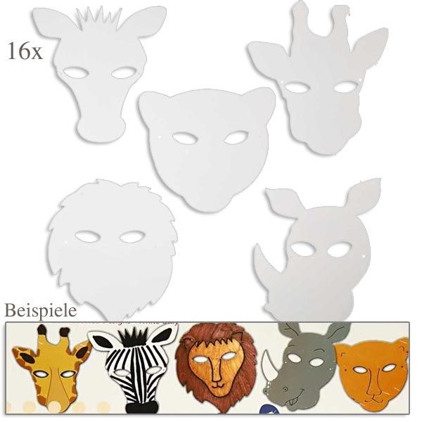 Tier-Masken in weiß, 16er Pack, zum Bemalen, mit Gummibändern, 25cm bis 22,5cm von Creative Company