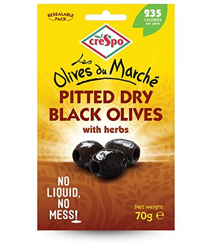Crespo Schwarze Oliven Pitted Dry mit Kräutern (70 g) - Packung mit 6 von Crespo