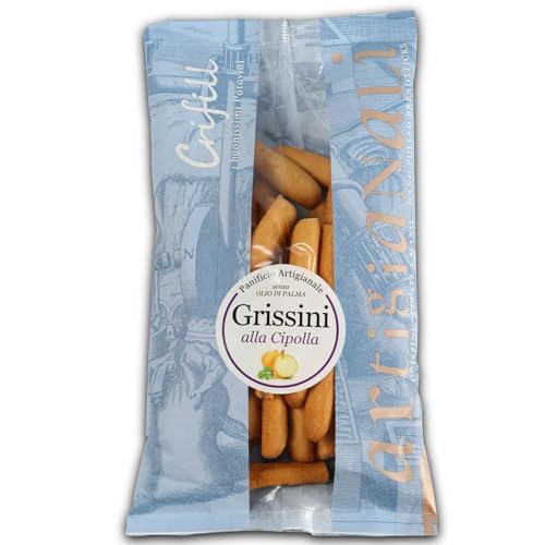 Handgemachte Grissini mit Zwiebeln, italienische Brotstangen, Snack, 200g von Crifill