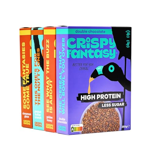 Crispy Fantasy Protein Cerealien, Verschiedene Sorten, Glutenfrei, Vegan, Wenig Zucker, Ballaststoffreich, Pflanzlich, Gesundes Frühstück für Kinder, Erwachsene, 28 g Protein, 4 Schachteln von Crispy Fantasy